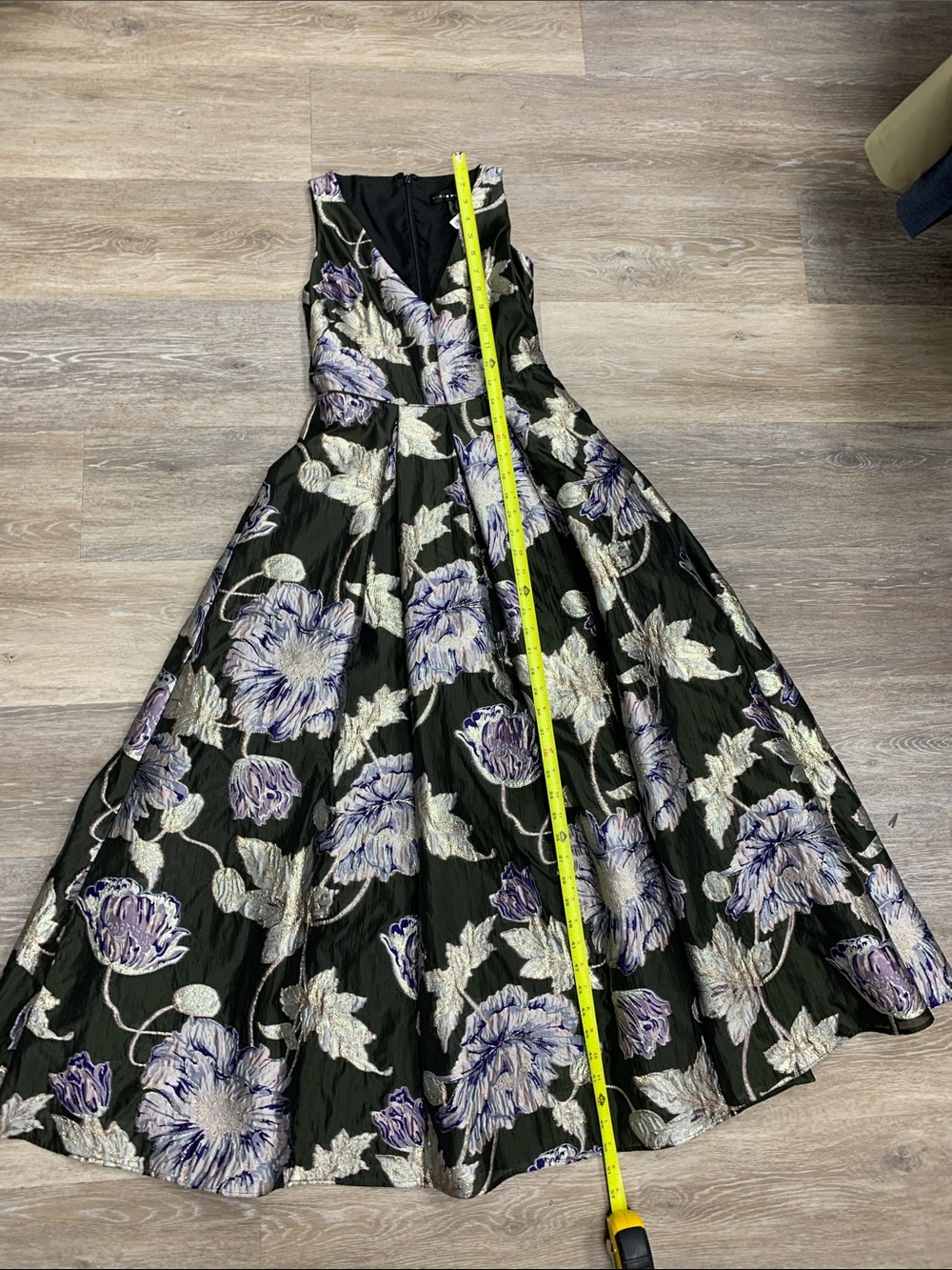 Aidan Mattox Black Maxi Dress with Purple and Cream Floral Jacquard